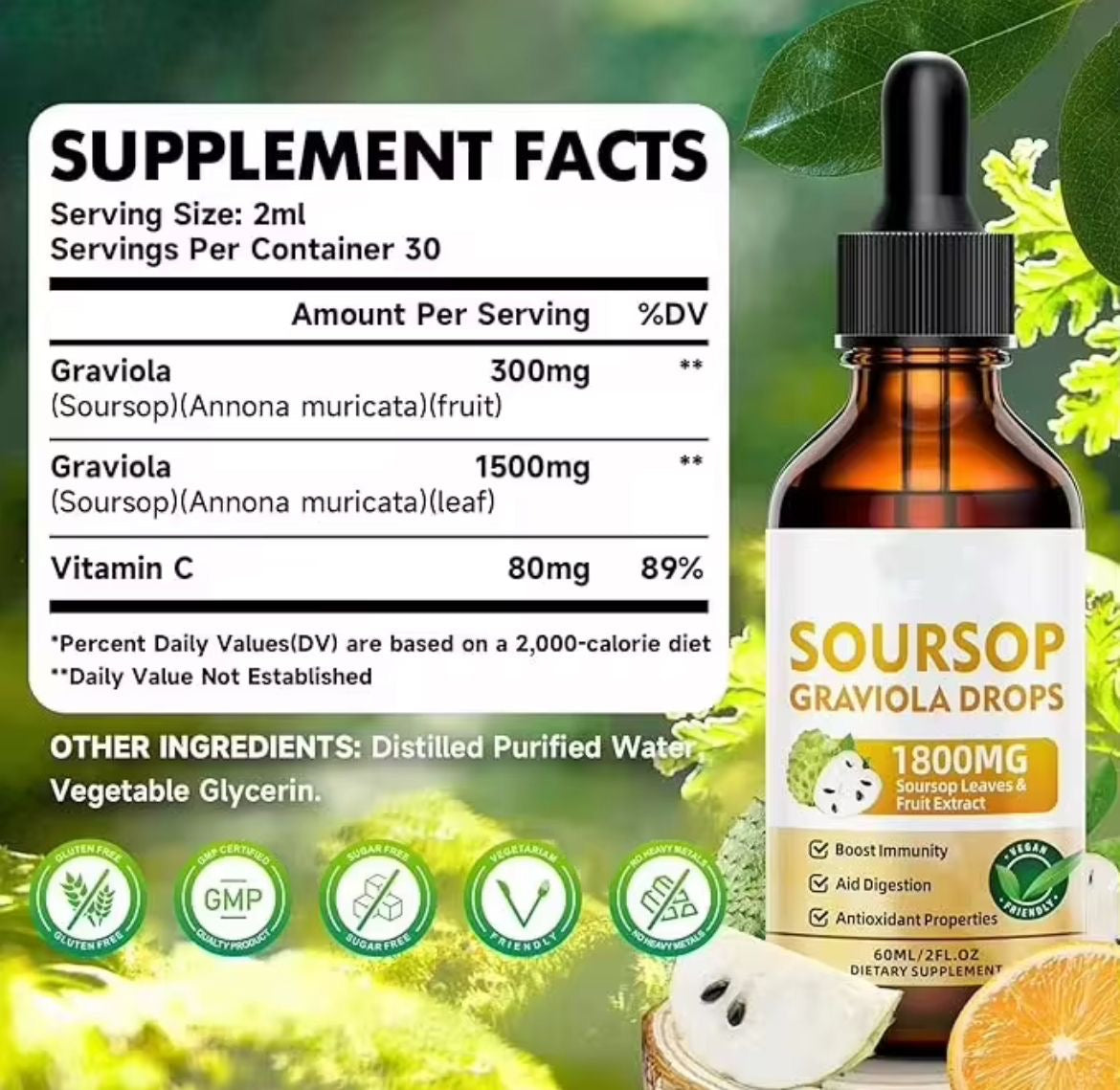 PURE SOURSOP GRAVIOLA  LIQUID DROPS, Fruit & Leaf Herbal Extract - IMMUNE SYSTEM POWERHOUSE